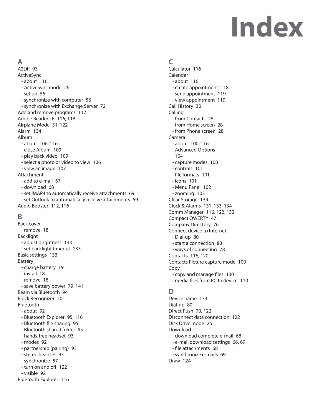 HTC DIAM400 user manual Index  